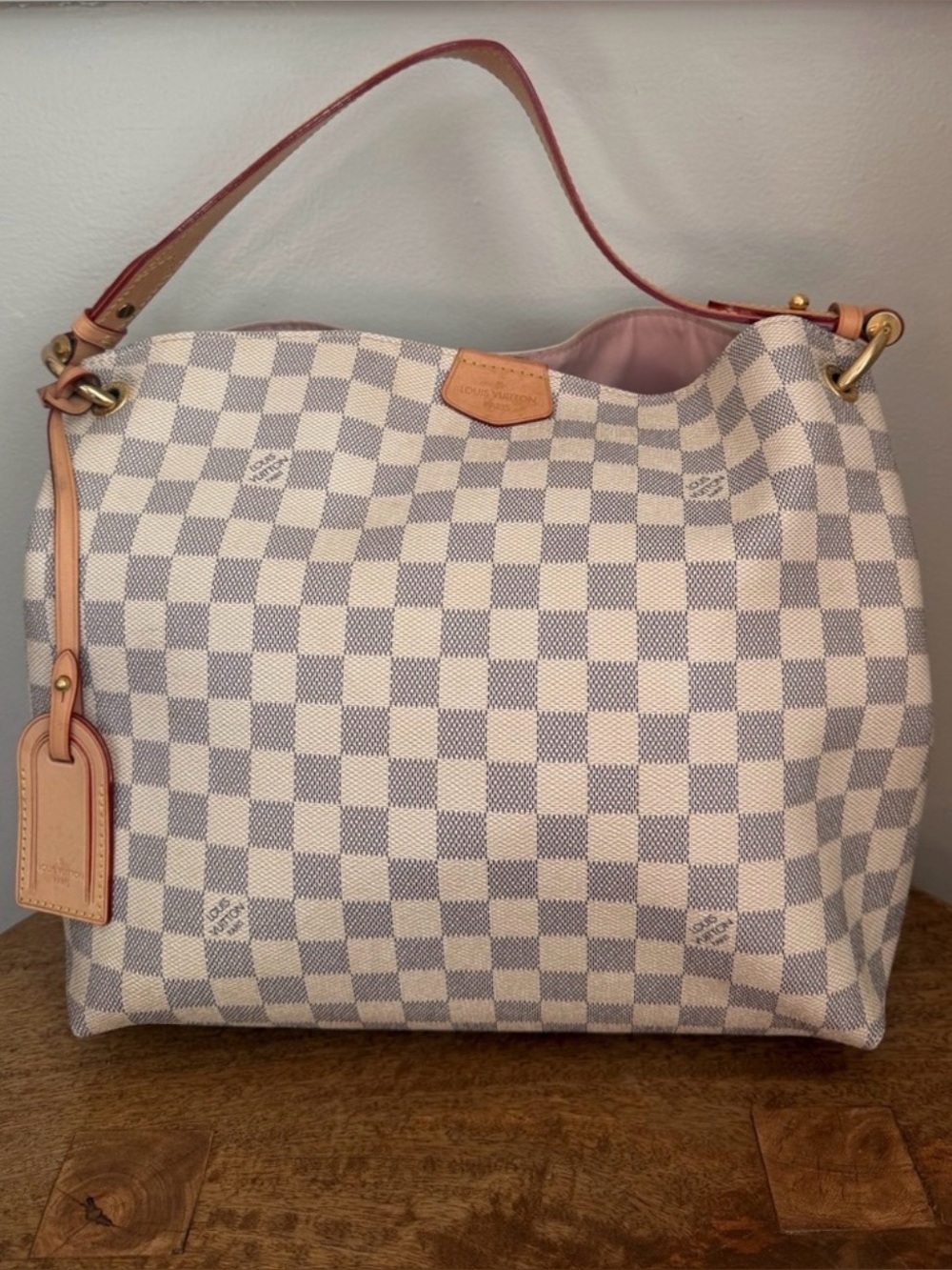 Louis Vuitton Damier Azur Shoulder Bag with Pink Interior and Natural Trim